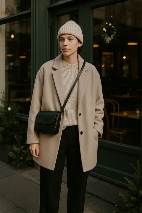 SKIPIKS AIファッション写真 — minimalist, casual — ベージュの柔らかいコートとニットで、温かく落ち着いたムードを演出しましょう。ブラックパンツとショルダーバッグを合わせて、洗練された都会的なカジュアルスタイルを完