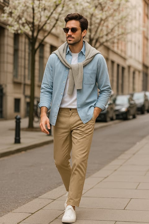 SKIPIKS AI时尚大片 — casual, preppy — 浅蓝色衬衫与卡其色休闲裤的搭配营造出干净而舒适的氛围。将灰色毛衣搭在肩上增添亮点，再用太阳镜和白色运动鞋完成造型。这套搭配非常适合春日的休闲出行。