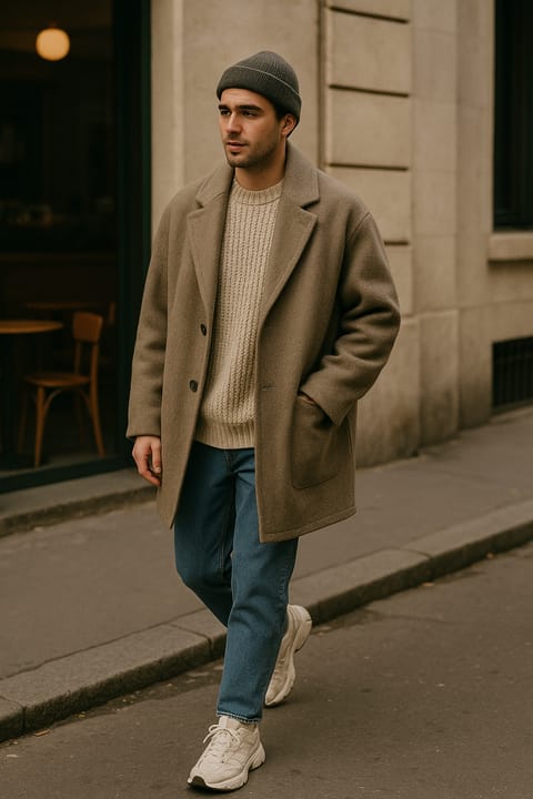 SKIPIKS AI时尚大片 — casual, cozy, urban — 用米色外套和针织毛衣营造温暖柔和的氛围。搭配蓝色牛仔裤和白色运动鞋，营造休闲气息，完成舒适的造型。这套装扮非常适合轻松出门或周末的早午餐。