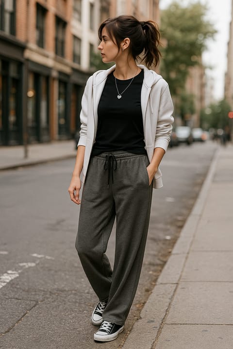 SKIPIKS AI 패션 화보 — casual, minimalist, athleisure — 편안하면서도 스타일리시한 캐주얼 무드의 룩입니다. 화이트 후드 집업과 블랙 티셔츠의 조합이 심플하면서도 세련된 느낌을 줍니다. 그레이 조거 팬츠