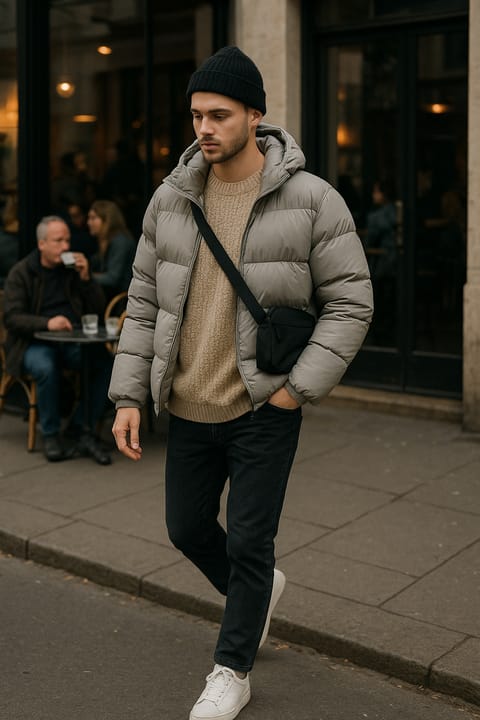 SKIPIKS AI 패션 화보 — casual, minimalist — 회색 패딩과 베이지 니트의 조합이 따뜻하면서도 세련된 무드를 연출해요. 비니를 함께 매치해 캐주얼한 멋을 더하며, 크로스백은 실용적인 포인트가 