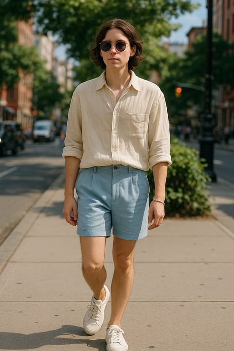 SKIPIKS AI 패션 화보 — minimalist, casual — 크림색 셔츠와 하늘색 반바지의 조화가 여름의 청량함을 자아내는 룩이에요. 가벼운 린넨 소재의 셔츠는 시원하고, 베이직한 스니커즈로 캐주얼한 무드