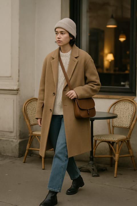 SKIPIKS AI 패션 화보 — minimalist, casual — 카멜 컬러 코트와 크림 니트가 따뜻하고 세련된 무드를 연출해요. 베이지 비니와 브라운 가방으로 톤온톤 스타일링을 추천해요. 이 룩은 가을 날씨에