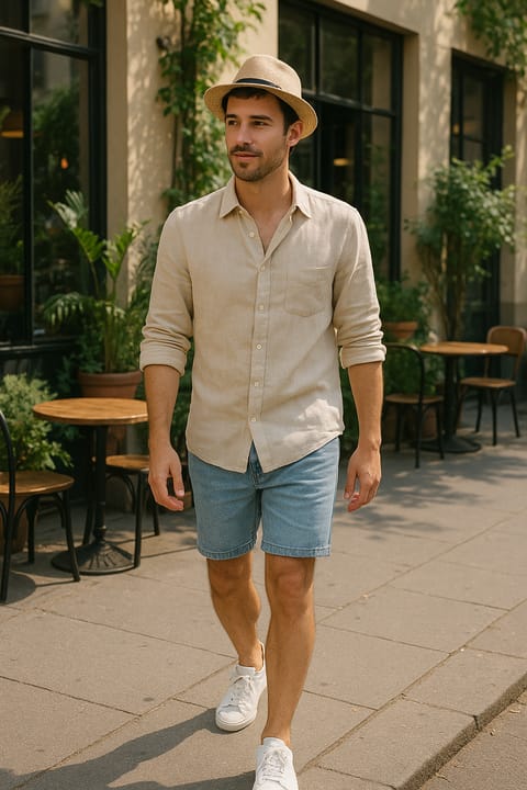 SKIPIKS AI 패션 화보 — casual, summerlook — 베이지 린넨 셔츠와 청데님 반바지가 어우러져 여름철 시원한 감성을 자아냅니다. 페도라 모자는 캐주얼한 무드를 강조하며, 화이트 스니커즈로 깔끔한