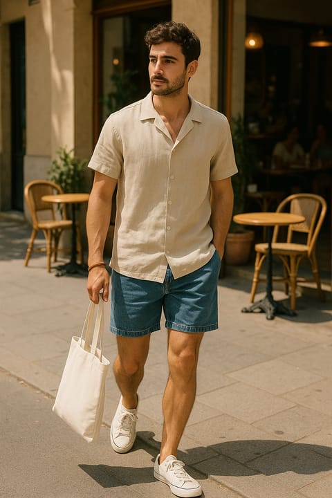 SKIPIKS AI 패션 화보 — minimalist, casual — 베이지 린넨 셔츠와 블루 데님 반바지가 시원하고 캐주얼한 분위기를 연출해요. 기본 화이트 운동화와 에코백을 매치하면 편안하면서도 스타일리시한 썸