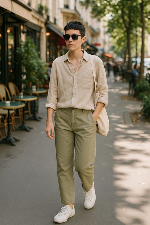 SKIPIKS AI 패션 화보 — minimalist, casual, urban — 베이지 린넨 셔츠와 카키 팬츠 조합이 시원하고 자연스러운 느낌을 더해주는 룩입니다. 화이트 스니커즈와 캔버스 토트백으로 도시적이면서도 실용적인 