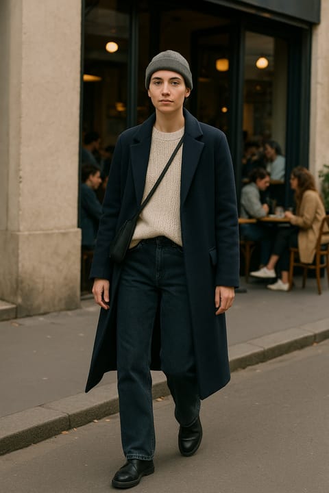 SKIPIKS AI 패션 화보 — minimalist, casual — 네이비 코트와 크림색 니트 스웨터로 클래식하고 포근한 무드를 연출해보세요. 데님 팬츠와 블랙 앵클 부츠를 매치해 날렵한 실루엣을 강조하며, 회색