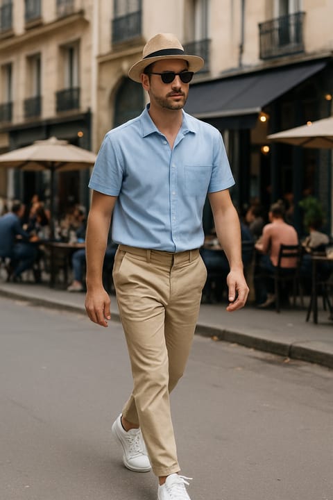 SKIPIKS AI 패션 화보 — minimalist, casual — 하늘색 셔츠와 베이지 바지가 조화로운 컬러감을 선사하는 깔끔한 여름 룩입니다. 페도라와 선글라스를 매치하여 도시적인 느낌을 더하는 것을 추천해요