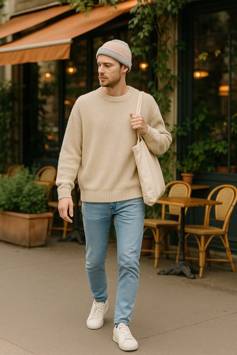 SKIPIKS AI 패션 화보 — casual, minimalist — 부드러운 니트 스웨터와 연청바지가 조화롭게 어우러져 따뜻하면서도 캐주얼한 무드를 연출합니다. 여기에 심플한 화이트 스니커즈로 편안함을 더하고, 