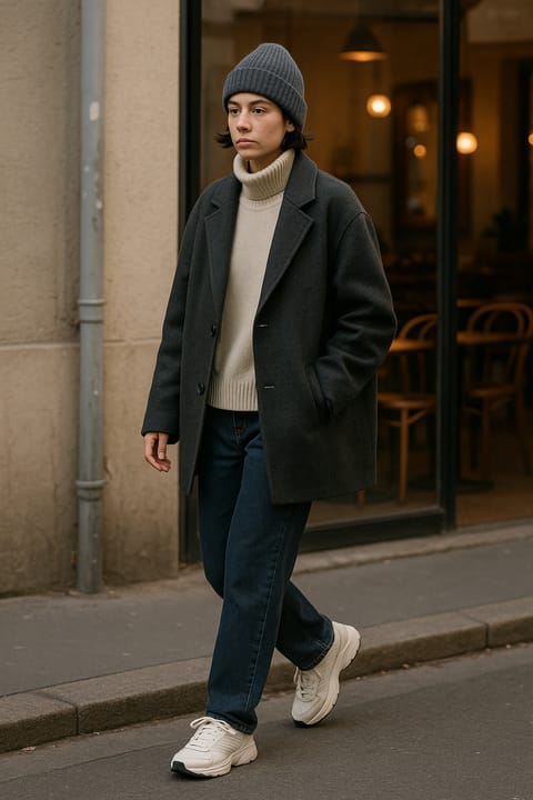 SKIPIKS AI 패션 화보 — minimalist, casual — 차콜 코트와 아이보리 터틀넥 니트가 조화롭게 어우러진 룩이군요. 부드러운 니트의 텍스처가 도시적이면서도 따뜻한 느낌을 줍니다. 여기에 청바지와 