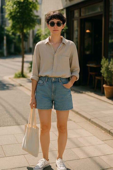 SKIPIKS AI 패션 화보 — minimalist, casual — 빈티지한 베이지 셔츠와 데님 반바지가 어우러지며 편안하면서도 세련된 무드를 완성합니다. 가벼운 스니커즈와 아이보리 에코백으로 경쾌함을 더해보세요