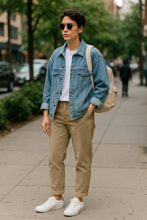 SKIPIKS AI 패션 화보 — casual, streetwear — 청량한 청색 데님 재킷과 카키색 바지의 조합이 세련되면서도 캐주얼한 무드를 완성해줍니다. 가벼운 흰색 티셔츠와 스니커즈로 스타일을 더욱 편안하게