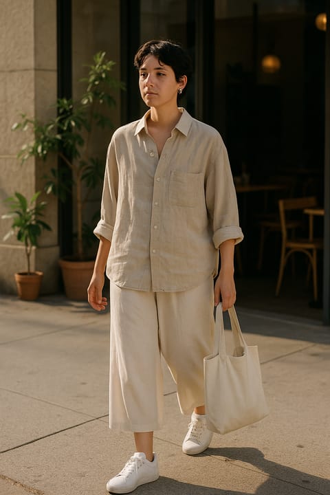 SKIPIKS AI 패션 화보 — minimalist, casual — 베이지 톤의 린넨 셔츠와 와이드 팬츠가 부드러운 여름 무드를 완성합니다. 가벼운 캔버스 토트백과 깔끔한 화이트 스니커즈를 매치해 심플하고 편안한