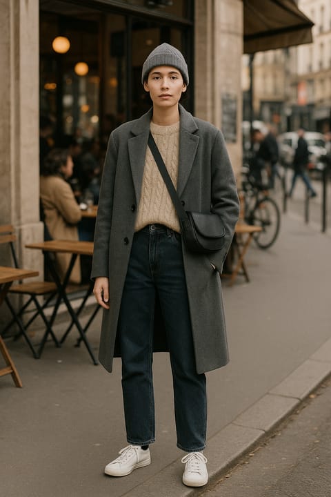 SKIPIKS AI 패션 화보 — minimalist, streetwear — 차분한 그레이와 베이지 컬러 조합의 미니멀리즘 스타일이 감각적입니다. 니트 스웨터와 울 코트의 레이어드로 포근한 분위기가 연출되며, 데님과 스니