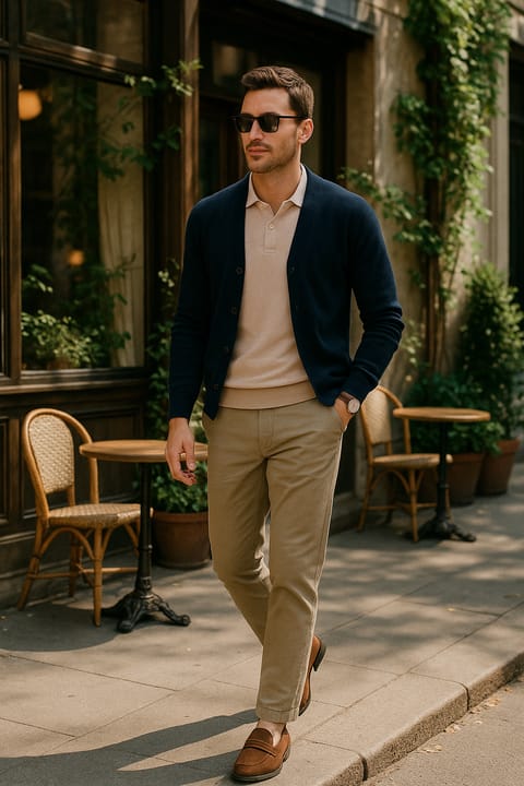 SKIPIKS AI 패션 화보 — casual, business_casual, minimalist — 네이비 카디건과 베이지 톤 아이템들이 어우러져 세련된 도시적인 무드를 연출합니다. 카디건과 치노 팬츠의 조합은 비즈니스 캐주얼 룩으로도 손색이 