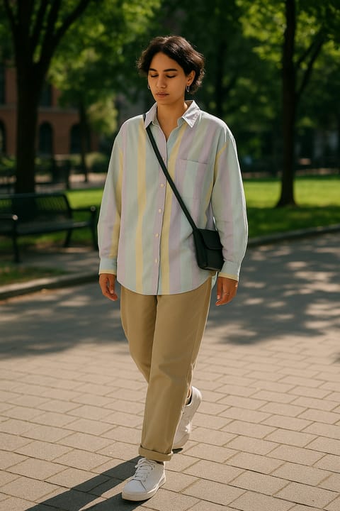 SKIPIKS AI 패션 화보 — smartcasual, colorful — 파스텔 컬러의 줄무늬 셔츠가 상큼하면서도 편안한 무드를 자아내요. 베이지 치노 팬츠와 매치하면 클래식하면서도 세련된 느낌을 완성할 수 있어요. 