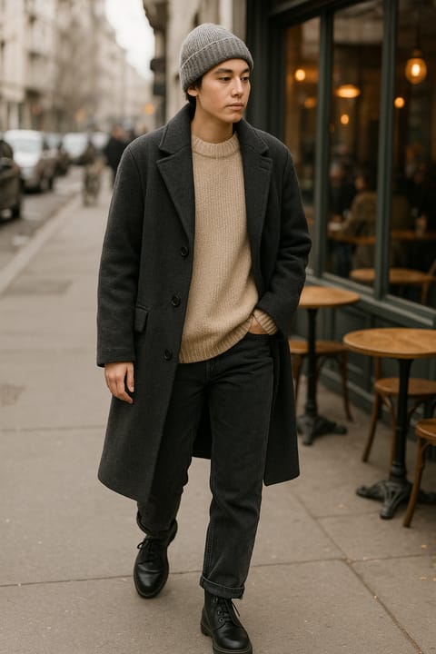 SKIPIKS AI 패션 화보 — minimalist, urban — 짙은 회색의 울 코트와 베이지 니트가 조화를 이루며 세련된 겨울 패션을 완성합니다. 데님과 가죽 부츠를 매치해 도시적이고 멋스러운 룩을 연출해 