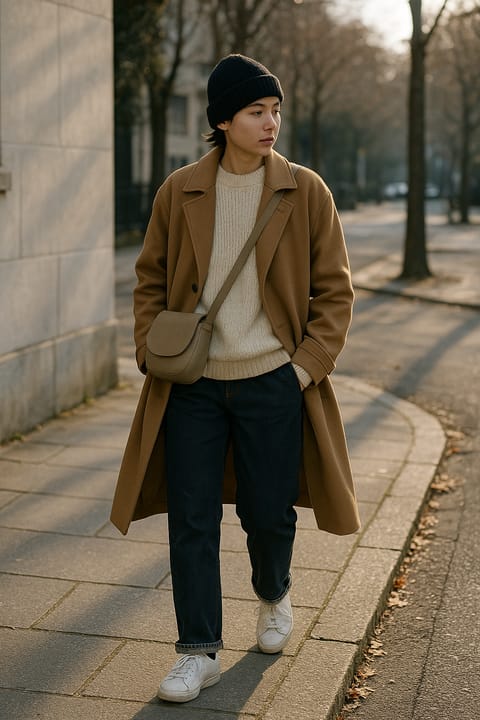 SKIPIKS AI 패션 화보 — minimalist, casual — 베이지 코트와 크림 색상의 니트 스웨터가 어우러져 따뜻하고 부드러운 무드를 연출해요. 네이비 진과 화이트 운동화로 캐주얼한 스타일링을 완성했습니