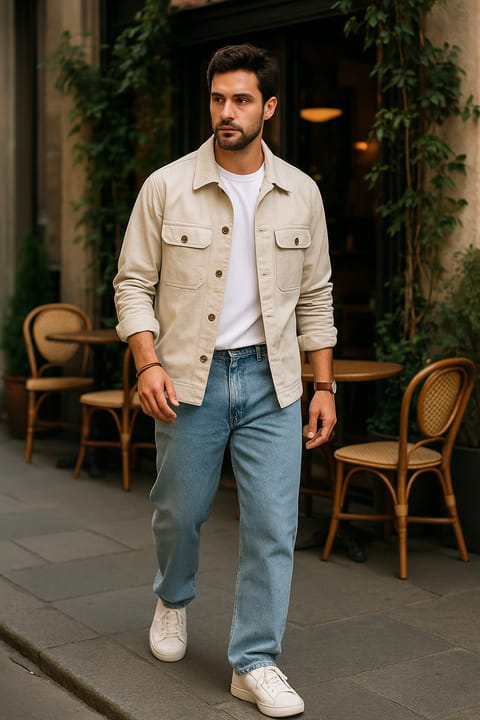 SKIPIKS AI 패션 화보 — casual, classic — 부드러운 베이지 셔츠 재킷과 청바지가 어우러진 멋스러운 캐주얼룩이에요. 화이트 티셔츠와 스니커즈로 깔끔한 분위기를 완성해보세요. 데이트나 주말 