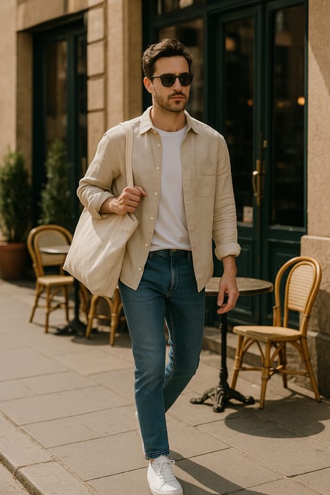 SKIPIKS AI 패션 화보 — casual, minimalist — 베이지 린넨 셔츠와 화이트 티셔츠가 청바지와 매치되어 시크하고 캐주얼한 무드를 자아냅니다. 선글라스와 토트백을 더해 스타일의 완성도를 높이세요.