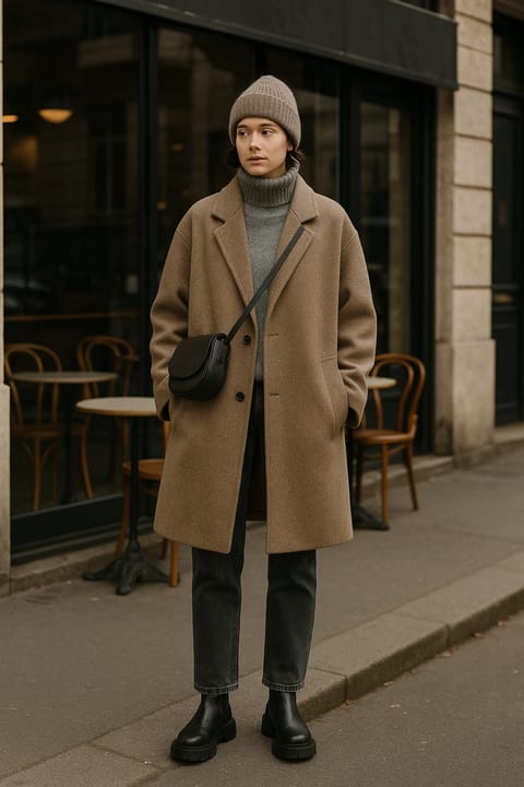 SKIPIKS AI 패션 화보 — minimalist, chic — 베이지 톤의 울 코트와 회색 니트 터틀넥의 조합이 따뜻하면서도 도시적인 감성을 연출해요. 니트 비니와 블랙 첼시 부츠로 포인트를 줘 스타일링을 