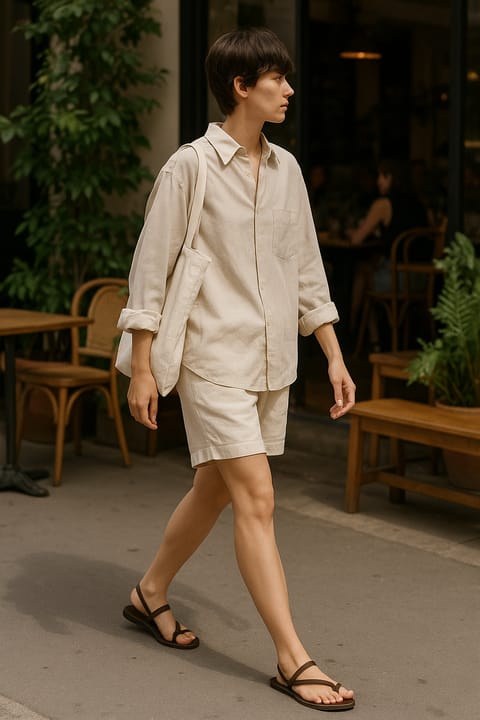 SKIPIKS AI 패션 화보 — minimalist, casual, summer — 베이지 톤의 린넨 셋업으로 여름의 쾌적함을 살린 미니멀 룩이에요. 고급스러운 린넨 소재가 주는 자연스러운 실루엣이 매력적입니다. 편안한 샌들과 