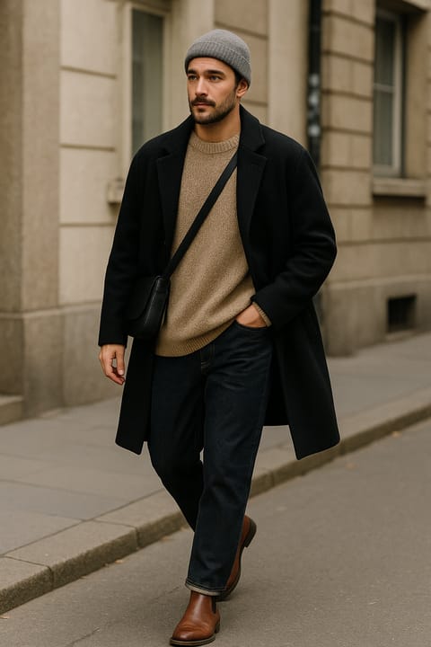 SKIPIKS AI 패션 화보 — casual, streetwear, layered — 검정 코트와 베이지 니트 스웨터의 조화가 세련된 분위기를 물씬 풍깁니다. 네이비 데님과 브라운 첼시 부츠로 클래식하면서도 캐주얼한 무드를 완성해