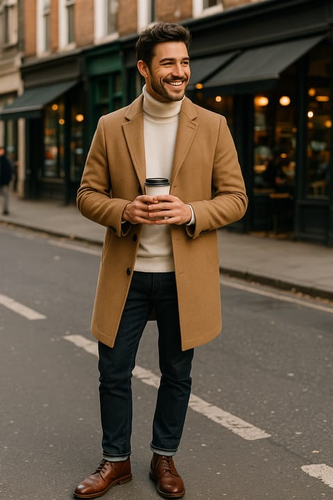 SKIPIKS AI 패션 화보 — casual, smart, chic — 세련된 베이지 톤의 코트가 부드러운 터틀넥과 조화롭게 어우러져 멋스러운 무드를 완성해보세요. 청바지와 브라운 부츠로 깔끔하게 스타일링하면 세련된