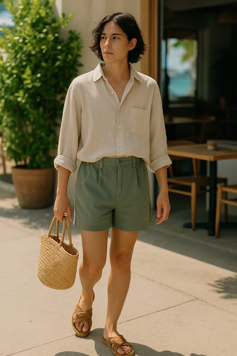 SKIPIKS AI 패션 화보 — minimalist, casual — 베이지 린넨 셔츠와 카키 반바지가 자연스럽게 어우러진 룩입니다. 편안한 샌들과 라탄 토트백으로 여름의 릴렉스한 분위기를 더해보세요. 일상에서 벗