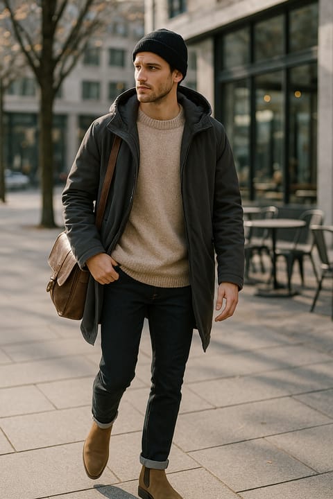 SKIPIKS AI 패션 화보 — classic, casual, minimalist — 다크 그레이 코트와 베이지 니트의 조화가 따뜻하고 차분한 느낌을 주는 룩입니다. 어두운 청바지와 카멜 컬러의 첼시 부츠는 클래식한 매력을 더해줍