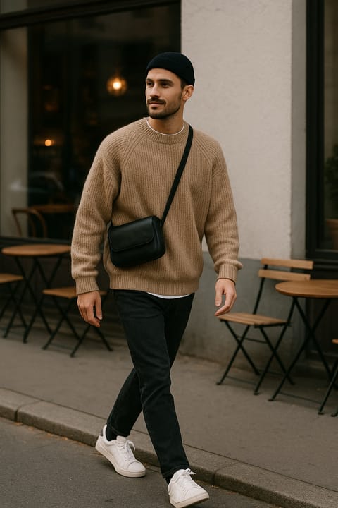 SKIPIKS AI 패션 화보 — minimalist, streetwear — 진한 베이지색 니트 스웨터가 부드러운 느낌을 주며, 캐주얼한 감성을 자아냅니다. 간결한 디자인의 크로스백과 흰색 운동화를 매치하여 실용적이면서도