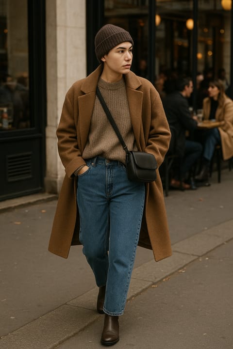 SKIPIKS AI 패션 화보 — minimalist, chic — 따뜻한 갈색 코트와 부드러운 니트의 매치가 따뜻하고 세련된 가을 분위기를 연출해요. 청색 데님 팬츠로 캐주얼한 느낌을 더하고 갈색 부츠로 마무리