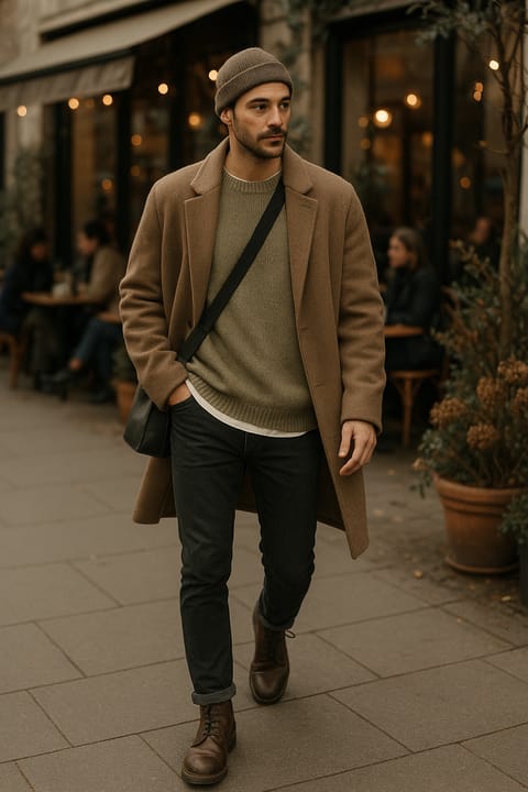 SKIPIKS AI 패션 화보 — casual, minimalist — 베이지 코트와 카키 니트로 따뜻함과 고급스러움을 동시에 느낄 수 있는 스타일입니다. 다크한 톤의 청바지와 레더 부츠로 캐주얼하면서도 세련된 무드