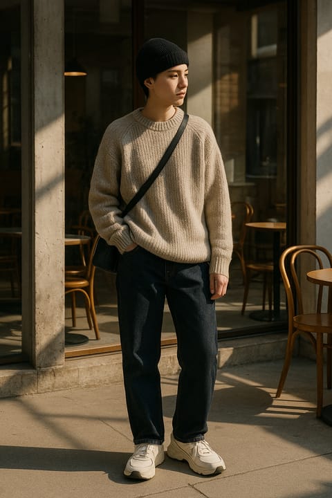 SKIPIKS AI 패션 화보 — minimalist, casual — 베이지 니트 스웨터와 블루 청바지의 조합이 따뜻하고 편안한 무드를 완성합니다. 블랙 비니와 심플한 숄더백으로 미니멀한 포인트를 더해보세요. 가을