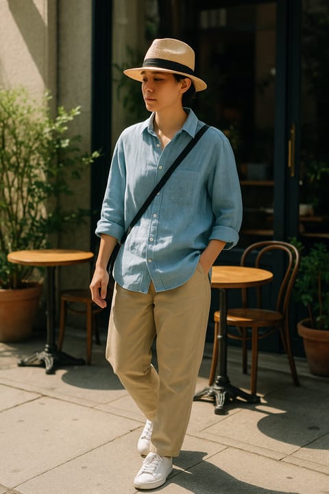 SKIPIKS AI 패션 화보 — casual, smart — 시원한 블루의 린넨 셔츠와 베이지 톤의 파나마 모자가 여름의 청량함을 더해줍니다. 베이지 팬츠와 화이트 스니커즈로 캐주얼하면서도 세련된 무드를 