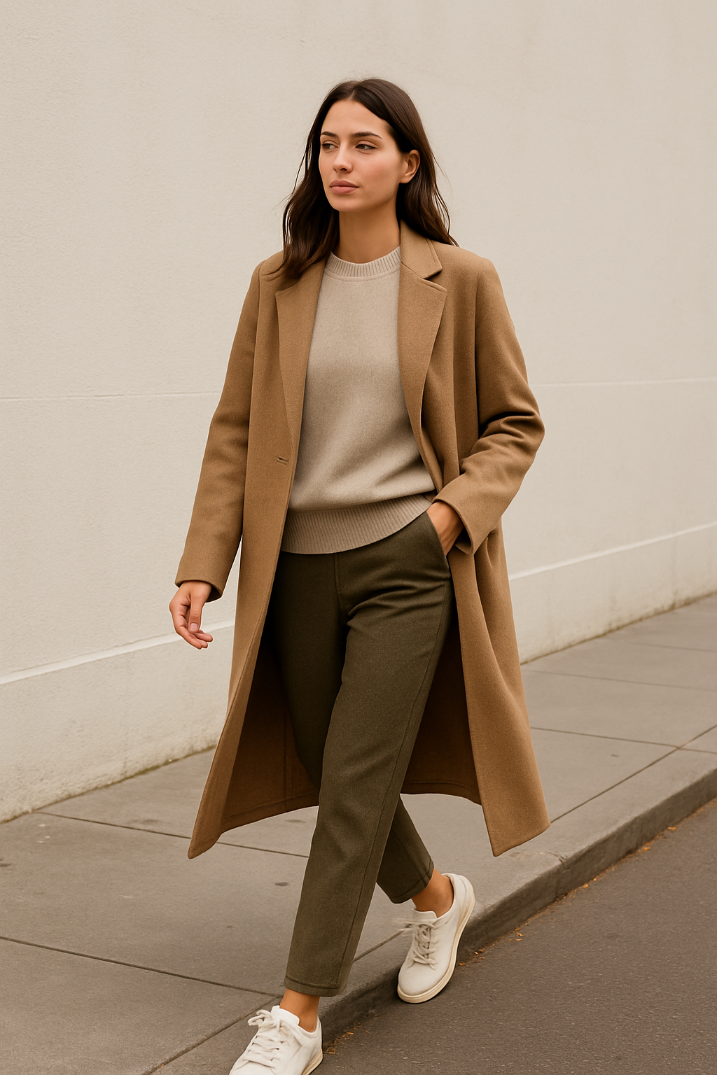 SKIPIKS AI 패션 화보 — minimalist, casual — 베이지 코트와 니트의 미니멀룩