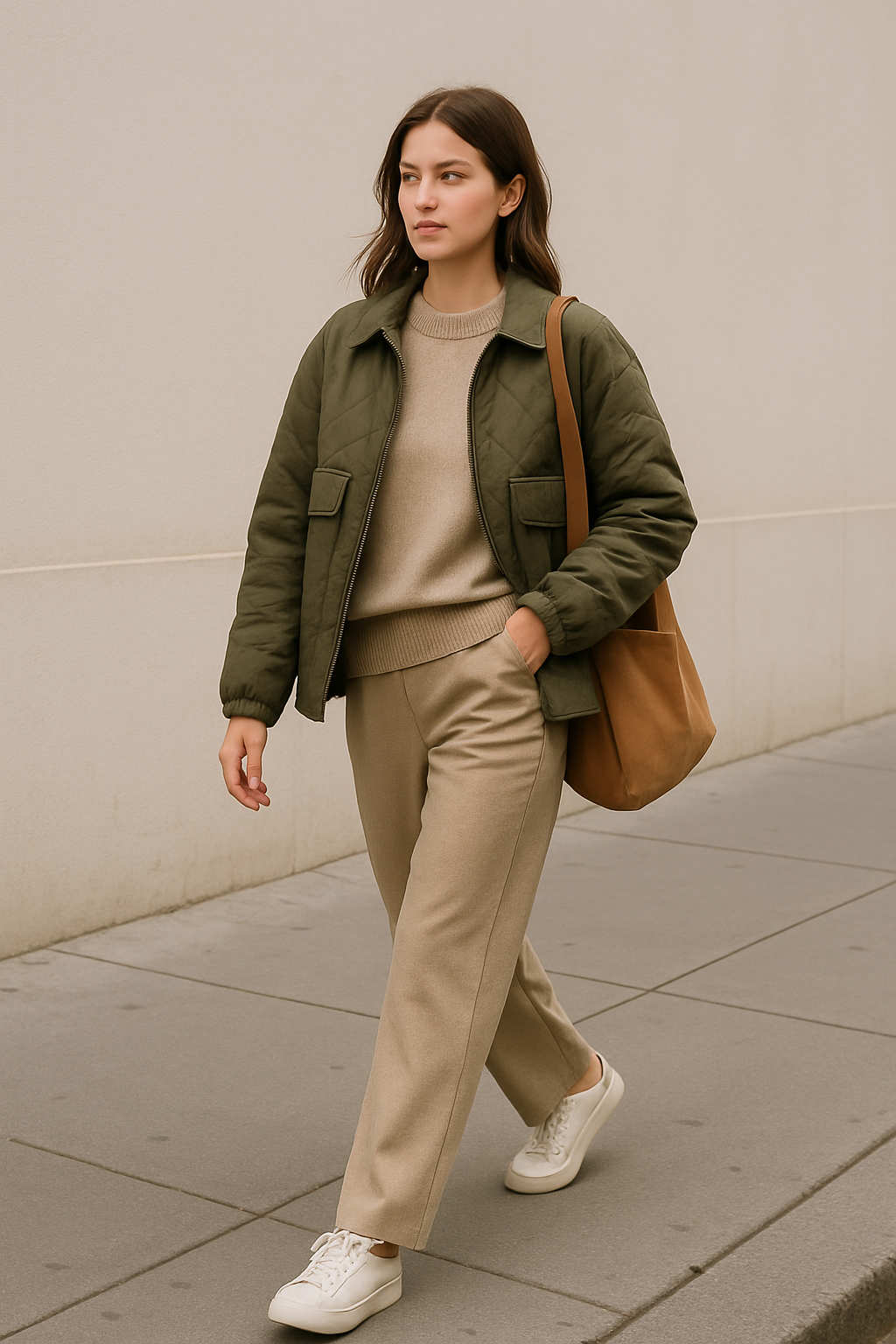 SKIPIKS AI 패션 화보 — casual, minimalist — 베이지톤의 캐주얼한 간절기 코디
