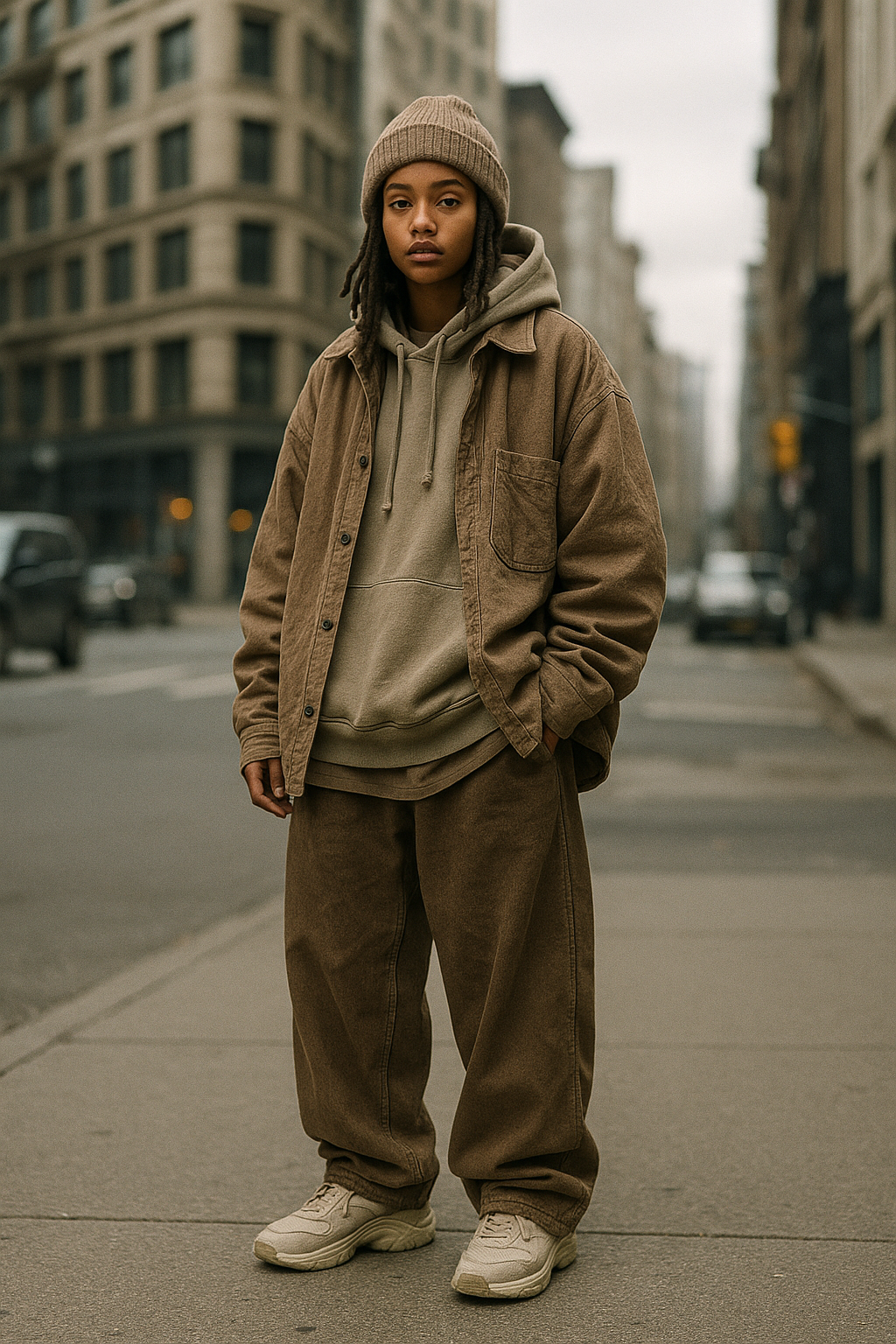 SKIPIKS AI 패션 화보 — streetwear, casual — 따뜻한 가을 스트리트 스타일 룩