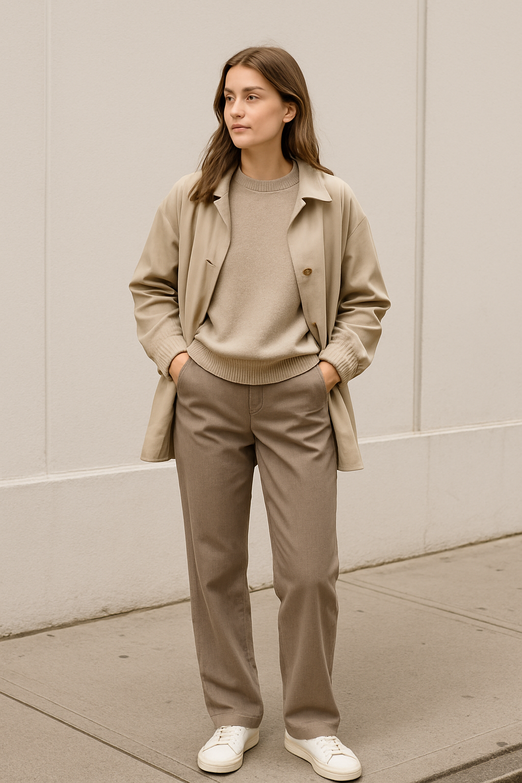 SKIPIKS AI 패션 화보 — minimalist, casual — 베이지톤의 미니멀한 스타일