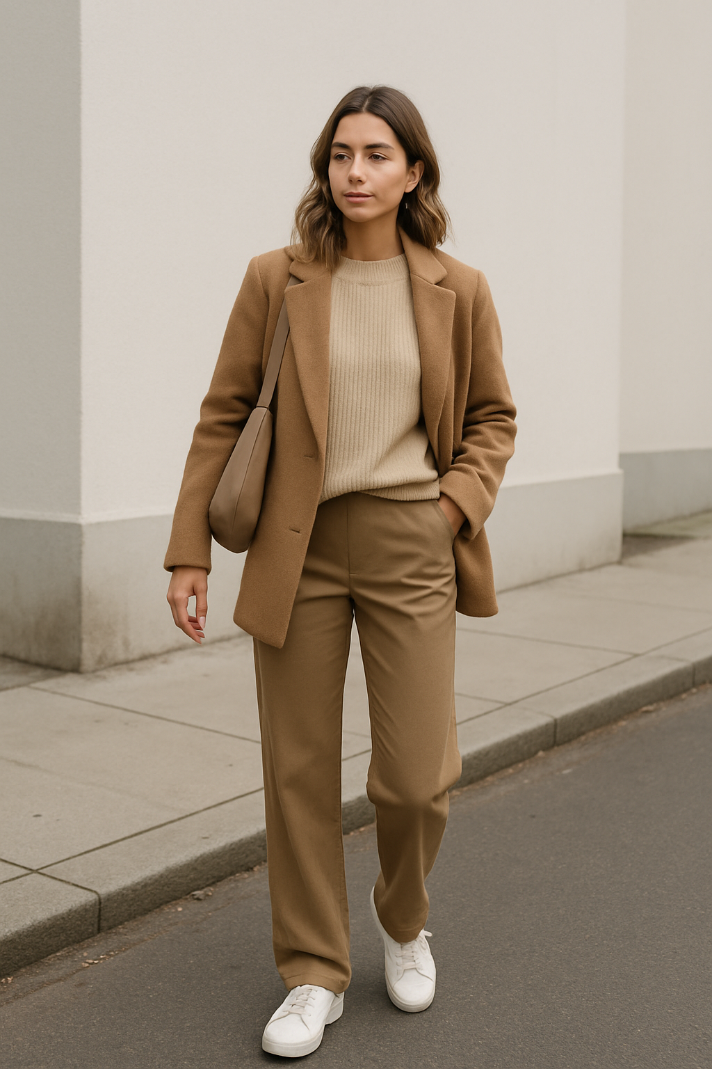 SKIPIKS AI 패션 화보 — minimalist, chic — 베이지 톤의 미니멀 가을룩