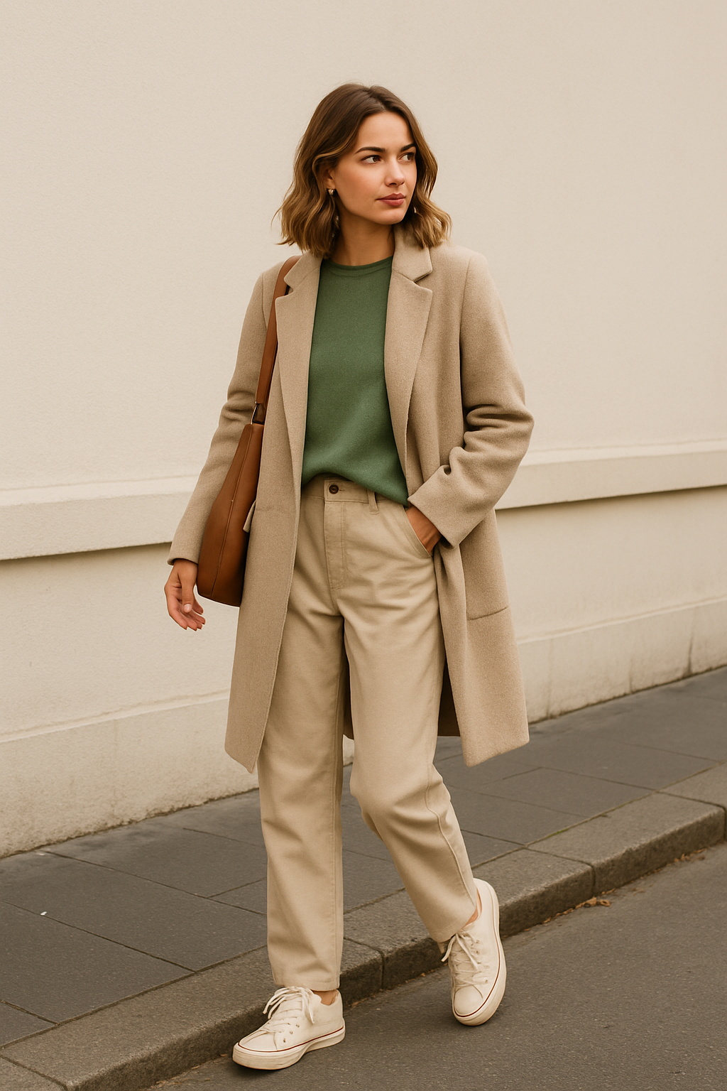 SKIPIKS AI 패션 화보 — minimalist, casual, chic — 베이지 코트와 녹색 스웨터의 미니멀룩