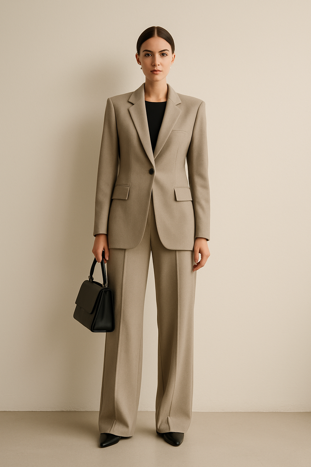 SKIPIKS AI 패션 화보 — formal, minimalist — 세련된 베이지 수트 스타일링
