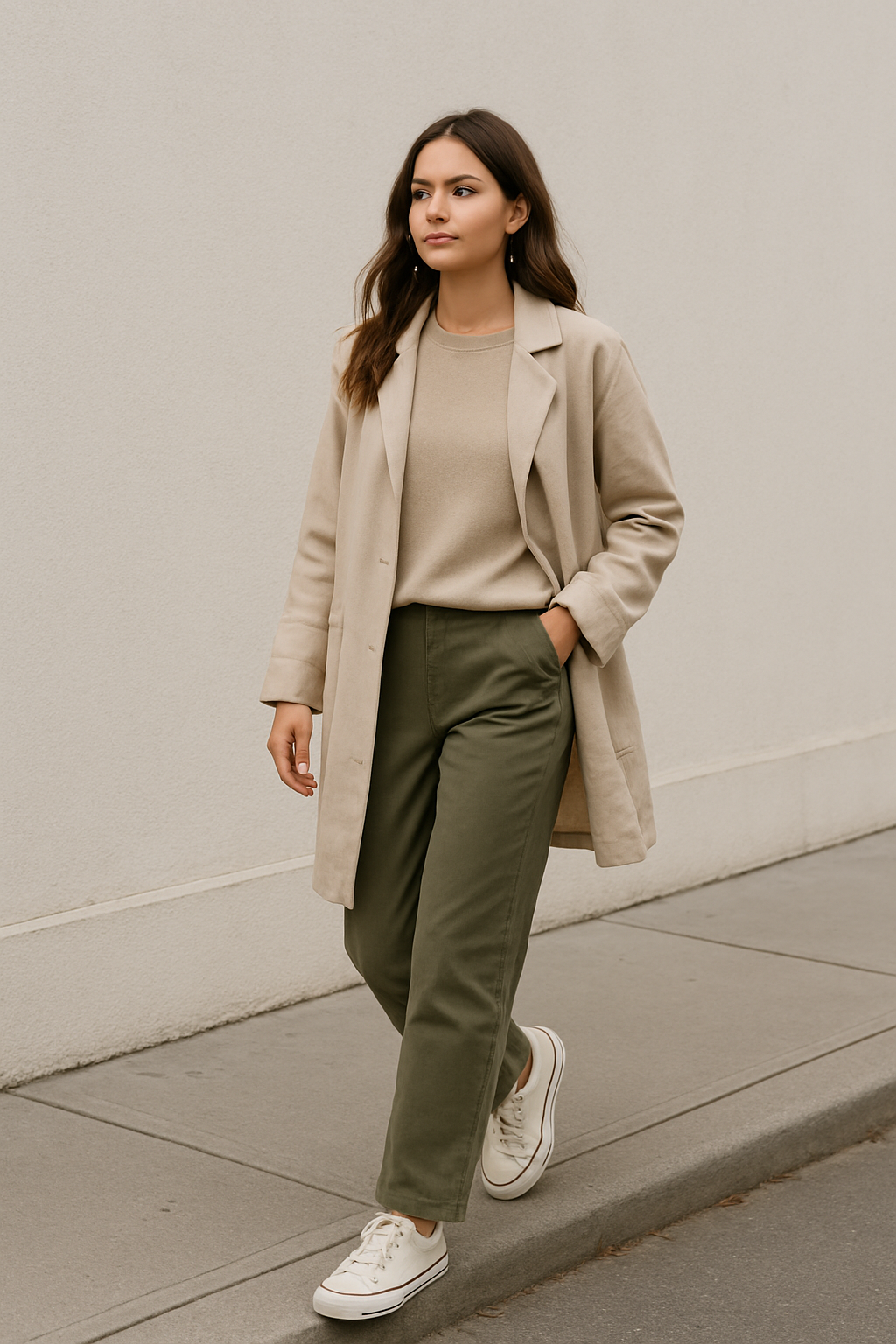 SKIPIKS AI 패션 화보 — casual, minimalist — 베이지 톤의 미니멀 캐주얼 룩