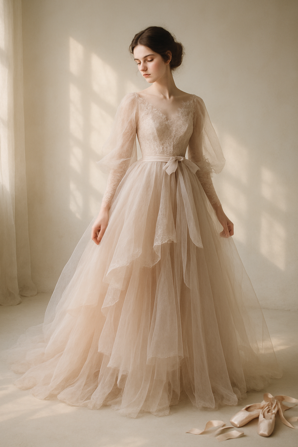 SKIPIKS AI 패션 화보 — romantic, vintage, feminine — 부드러운 아이보리 컬러의 레이스 드레스가 우아함과 로맨틱한 무드를 자아내며 눈길을 사로잡습니다. 발레 슈즈와 매치하면 발레코어 스타일을 한층 더