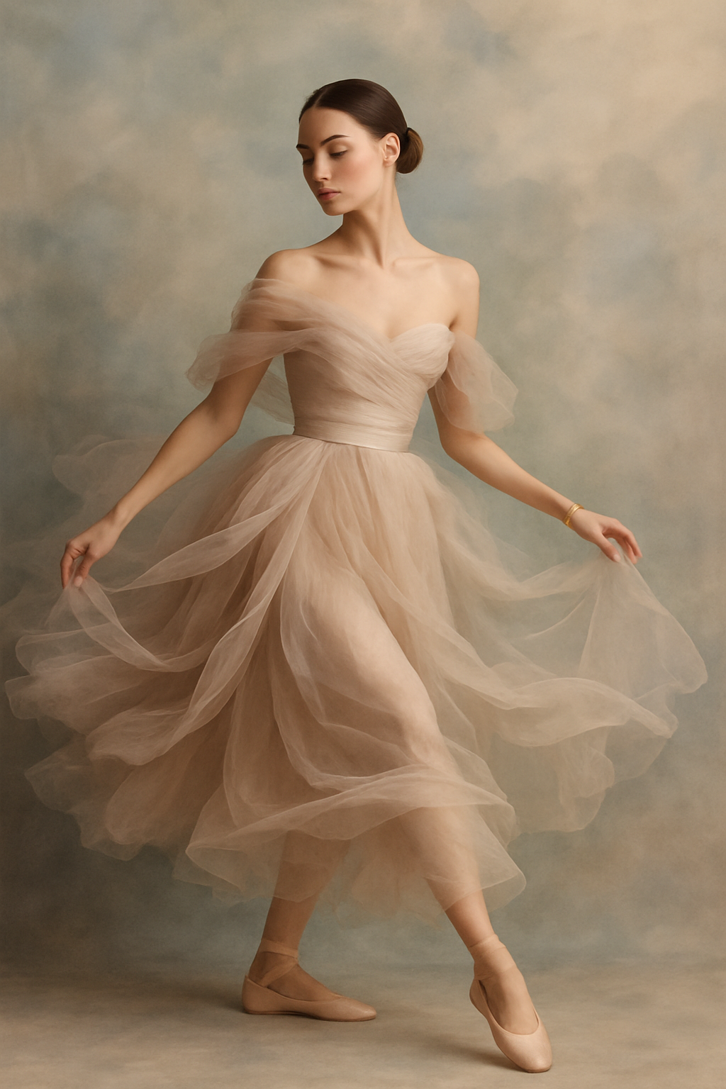 SKIPIKS AI 패션 화보 — romantic, elegant, feminine — 드라마틱한 튤 드레스가 헐렁한 곡선으로 우아한 실루엣을 완성해요. 발레 플랫 슈즈와 조화롭게 스타일링하여 페미닌함을 극대화할 수 있습니다. 특별