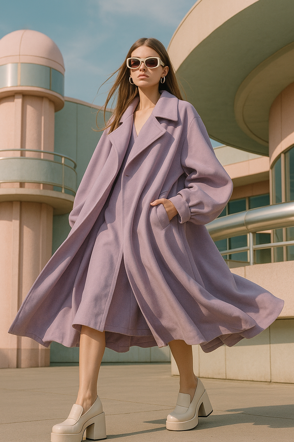 SKIPIKS AI 패션 화보 — feminine, elegant — 연보라색의 부드러운 실루엣이 매력적인 트렌치 코트와 드레스는 한층 세련된 무드를 완성합니다. 아이보리 플랫폼 힐과 화이트 선글라스로 클래식하면서