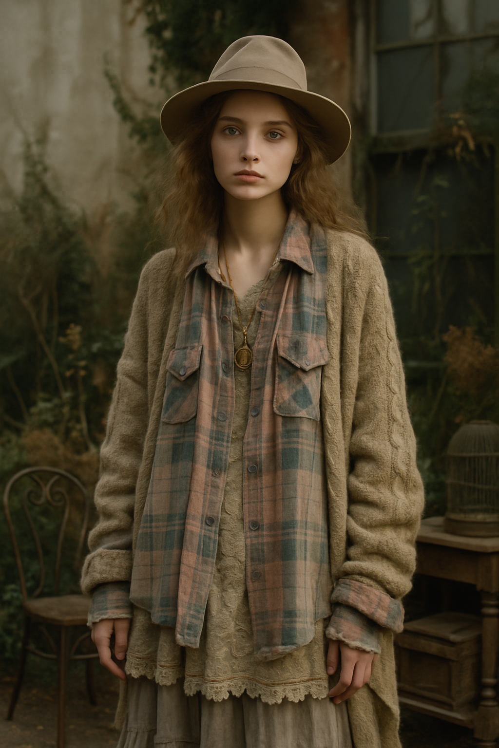 SKIPIKS AI 패션 화보 — vintage, layered, bohemian — 따뜻하고 자연스러운 색감의 빈티지 룩이 매력적인 스타일이에요. 부드러운 체크 셔츠와 사랑스러운 레이스 드레스가 레이어드 되어 감각적으로 연출됩니