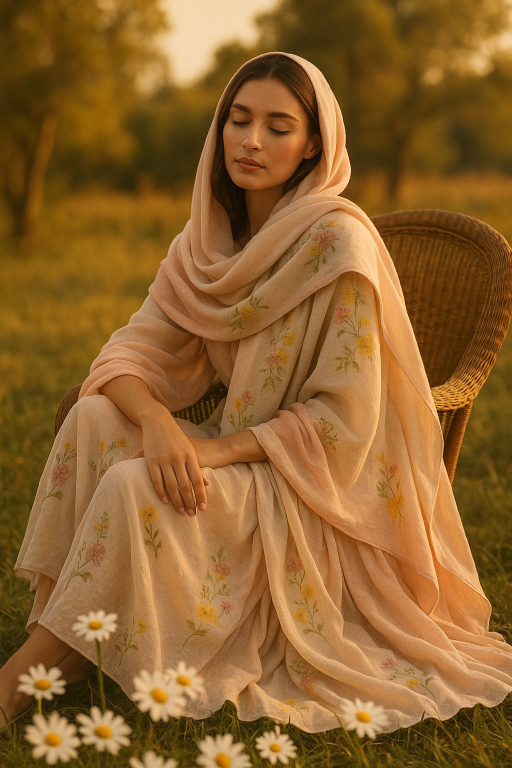 SKIPIKS AI 패션 화보 — bohemian, feminine, vintage — 부드러운 베이지와 핑크 톤의 조화가 돋보이는 보헤미안 무드의 룩입니다. 플로럴 패턴으로 여성스러움을 강조했으며, 자연스러운 감성을 더하고 있어요