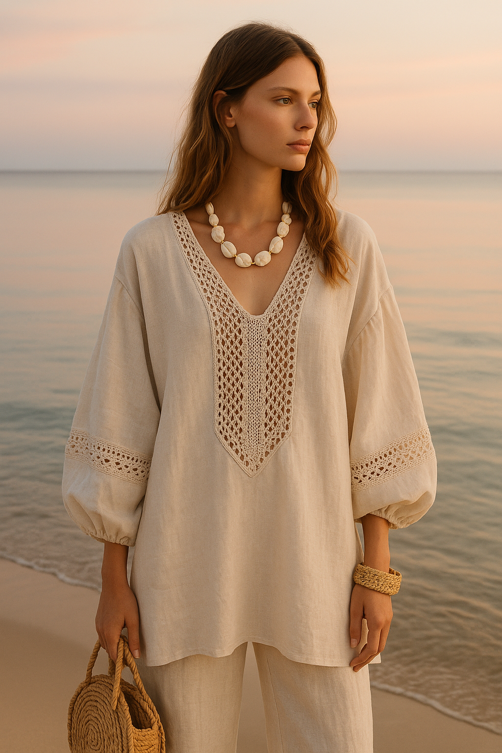 SKIPIKS AI 패션 화보 — bohemian, natural, beachwear — 네추럴한 린넨 소재와 라탄 액세서리가 조화를 이루며 보헤미안 무드를 완성합니다. 튜닉과 팬츠의 여유로운 실루엣은 활동적인 여름 날씨에 적합하며,