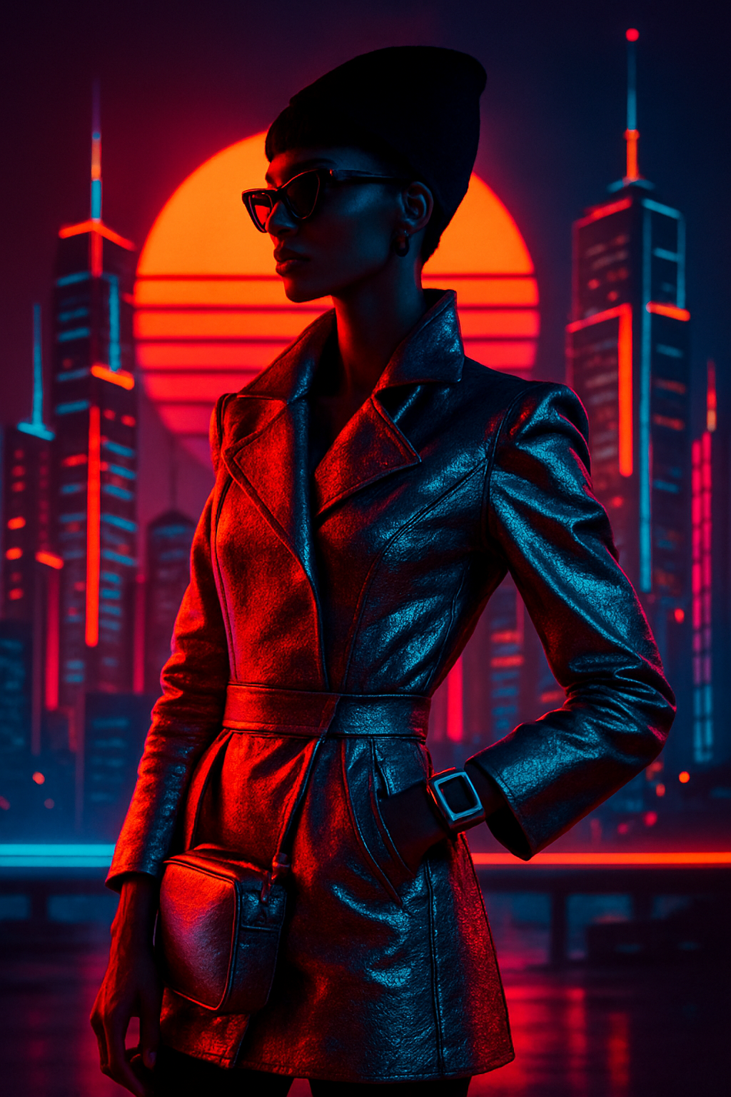 SKIPIKS AI 패션 화보 — futuristic, bold, edgy — 메탈릭한 광택이 매력적인 트렌치코트가 도발적인 네온 조명과 조화를 이루며 미래적 무드를 발산합니다. 비니와 선글라스 같은 액세서리로 스타일에 개
